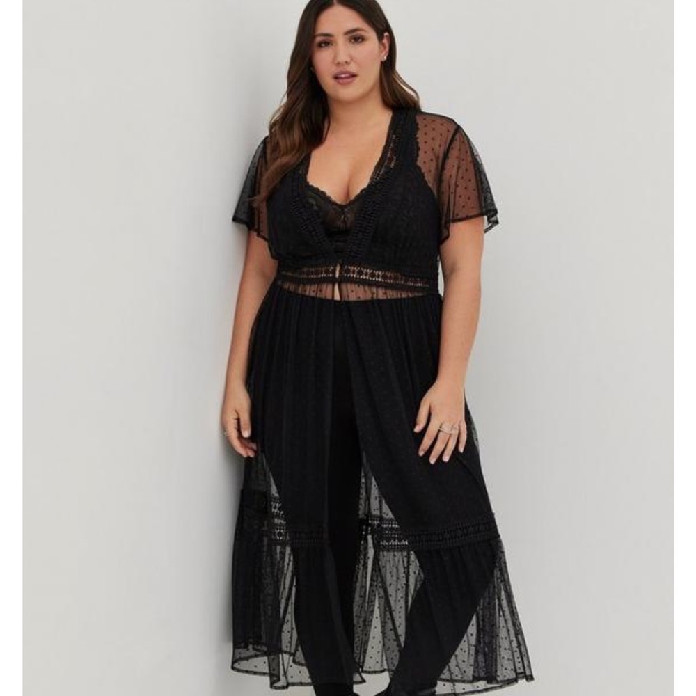 Torrid BUTTON WAIST MAXI KIMONO - MESH DOT BLACK torrid size 3